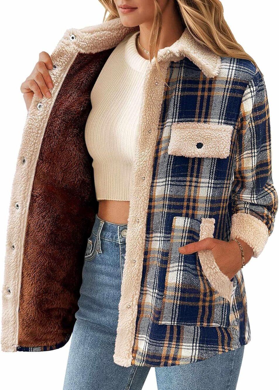 Womens Flannel Jacket Fleece Lined Shacket Fall Outfits Plaid Sherpa (M)